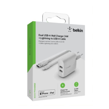 Kit Chargeur Lightning / 2 Ports USB-A + Câble vers USB-A BELKIN Boost Charge 24W