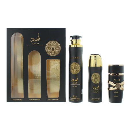 Coffret cadeau 3 pièces Lattafa Asad : Eau de parfum 100 ml - Déodorant 200 ml - Désodorisant 300 ml