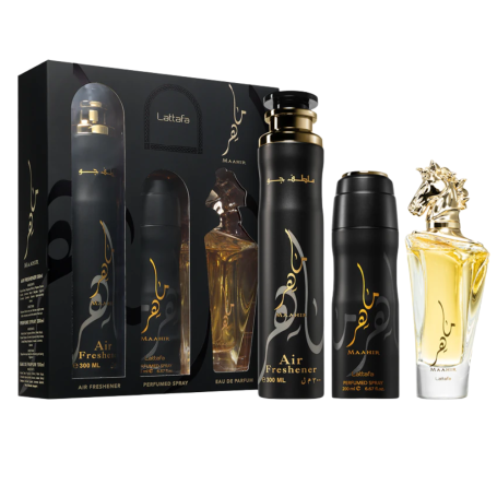 Coffret cadeau 3 pièces Lattafa Maahir : Eau de parfum 100 ml - Déodorant 200 ml - Désodorisant 300 ml