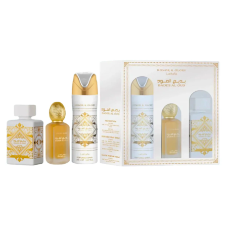 Coffret cadeau 3 pièces Lattafa Badee Al Oud : Eau de parfum 100 ml - Déodorant 200 ml - Brume Parfumé Cheveux 50 ml