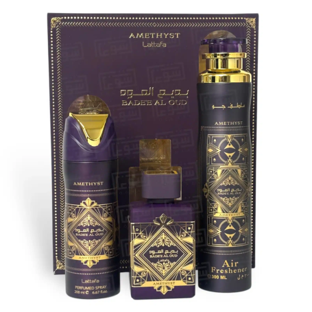 Coffret cadeau 3 pièces Lattafa Badee Al Oud Amethyst : Eau de parfum 100 ml - Déodorant 200 ml - Désodorisant 300 ml