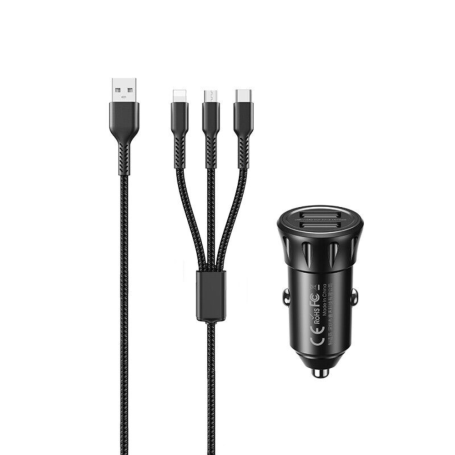 Remax RCC236 Vanguard Series 2.4A Car Charger + 3-in-1 USB/Type-C + Lightning + Micro USB Cable - Black