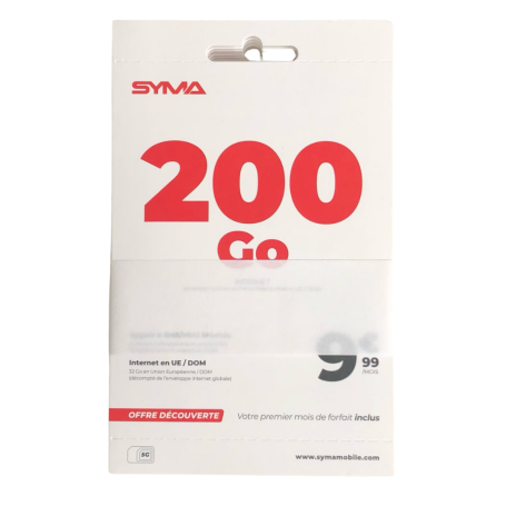 Carte SIM Forfait Mobile Syma Appels et SMS illimités + 200 Go d’Internet 5G Réseau SFR Sans Engagement