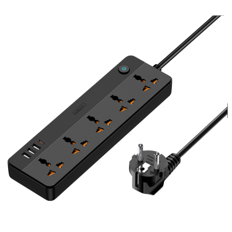 Multiprise REMAX RP-U160 Kiddy Series – 5 Prises + 4 Ports (3 USB, 1 Type-C) – Noir