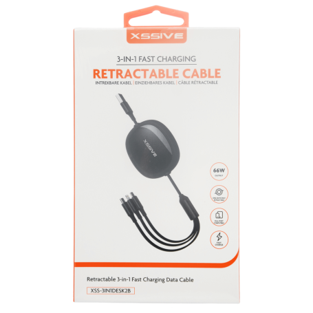 Câble Rétractable 3-en-1 de Charge Rapide Transfert de Données XSSIVE XSS-3IN1DESK2B - Noir