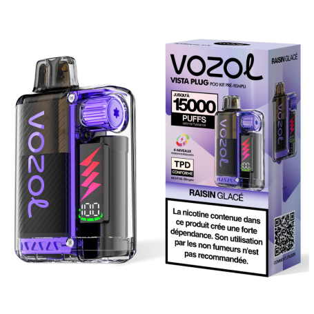 Vapoteuse Rechargeable Type-C 650mAh - Vozol Vista Plug - 15000 puffs 2% Nicotine 10+2ml - Raisin Glacé