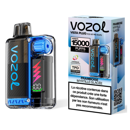 Rechargeable Vapoteuse Type-C 650mAh - Vozol Vista Plug - 15000 puffs 2% Nicotine 10+2ml - Frozen Raspberry Blueberry