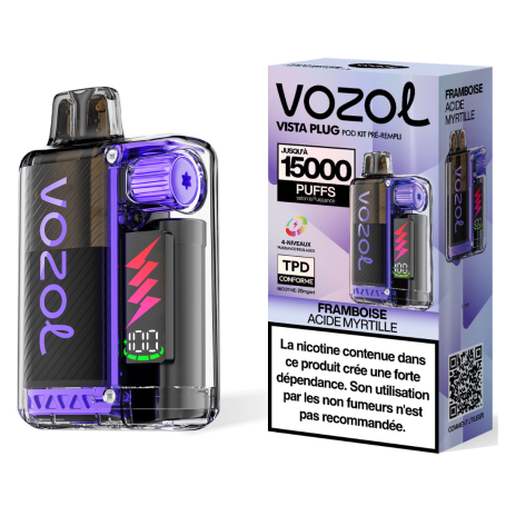 Rechargeable Vapoteuse Type-C 650mAh - Vozol Vista Plug - 15000 puffs 2% Nicotine 10+2ml - Raspberry Acid Blueberry