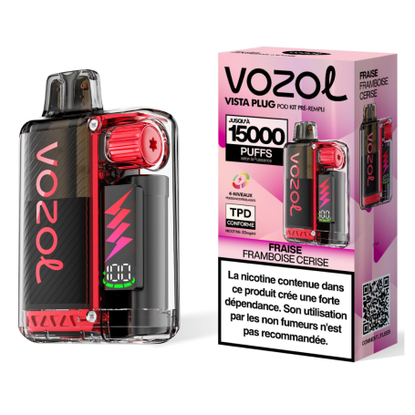 Rechargeable Vapoteuse Type-C 650mAh - Vozol Vista Plug - 15000 puffs 2% Nicotine 10+2ml - Strawberry Raspberry Cherry