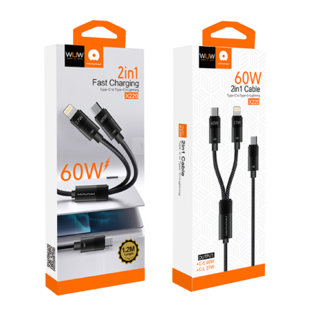 Câble 2in1 Type-C/Type-C & Lightning 60W Wuw X220 Noir