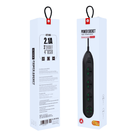 WUW C133 3-Socket Power Strip with 4 USB EU/UK 2M