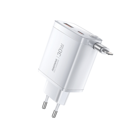 REMAX Hidden Fast Charging 30W Telescopic iPhone Cable GaN Charger Lightning U02-AC30Wi - EU - White