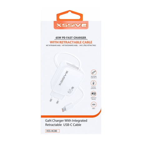 Chargeur Rapide 65W + Câble Rétractable USB-C XSSIVE XSS-AC80 - Blanc