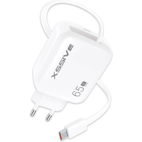 Chargeur Rapide 65W avec Câble Rétractable USB-C XSSIVE XSS-AC80 Blanc - Puissance et Praticité pour Vos Appareils