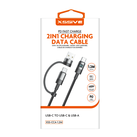 Câble de Charge 2-en-1 USB-C/USB-C et USB-A 1,2m XSSIVE XSS-CCA-1.2M - Noir