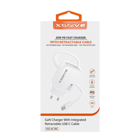 XSSIVE 20W Fast Charger + Retractable USB-C Cable XSS-AC78C – White