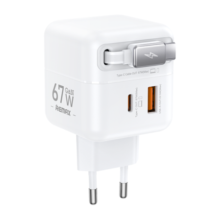 REMAX CA01 67W GaN Fast Charger with Telescopic USB-C Cable – EU – White