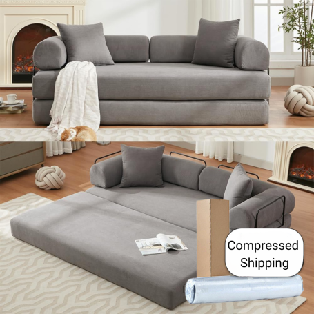 High-End Corduroy Velvet Convertible Sofa Bed – Grey