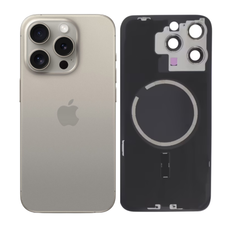 Vitre Cache Arrière iPhone 15 Pro Titane Naturel Originale Grade AB - Pièce Remplacement de Qualité