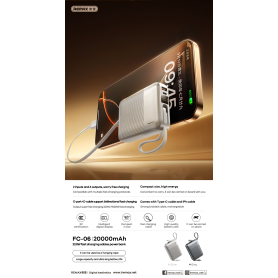 Power Bank 22,5 W 20,000 mAh FC-06 REMAX Argent avec Câbles de Charge Rapide - Autonomie et Efficacité Maximales