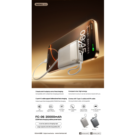Power Bank 22,5 W 20,000 mAh FC-06 REMAX Argent avec Câbles de Charge Rapide - Autonomie et Efficacité Maximales
