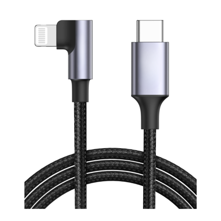 Câble USB-C/ Lightning Coudé 90 Degrés Nylon Tressé - 1M Noir