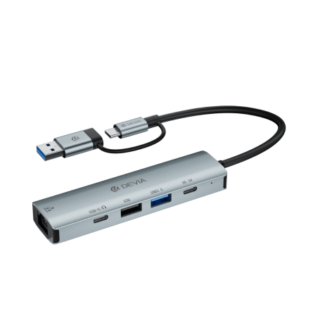HUB Type-C+USB 5 en 1 DEVIA- Pro2 RJ45+USB2.0+USB3.0+TYPE-C+TYPE-C(alimentation électrique)