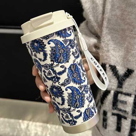 Insulated Stainless Steel Water Bottle with Widened Carrying Rope 530ml - Blue Leaves