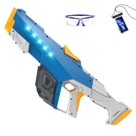Pistolet à Eau Électrique Puissant 1000ml - Effets Lumineux + Sac Étanche & Lunettes de Protection - Bleu