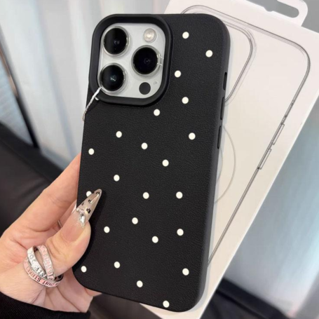 Coque de Protection iPhone Litchi Noir Classique à Pois Blancs - Élégance et Sécurité
