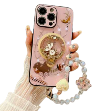 Coque Magnétique iPhone avec Support Décoratif & Bracelet Perlé – Style Rose Élégant | Protection & Élégance