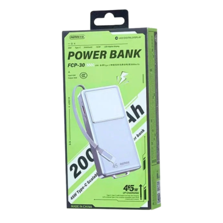 Battery Pack, Portable Charger - Power Bank 20000mAh 45W with Telescopic Type-C Cable REMAX FCP-30 - Gray, wholesale price