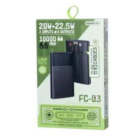 Power Bank, Portable Charger - REMAX FC-03 10000mAh Fast Charging Power Bank 20W+22.5W with Cables and LED Light - Black, wholes