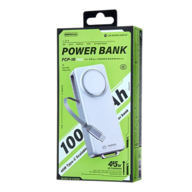 External Battery, Portable Charger - Power Bank 10000mAh PD 45W with Telescopic Type-C Cable REMAX FCP-10 - Silver, wholesale pr