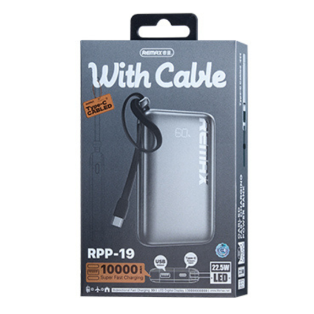 Charger, Battery Pack - REMAX RPP-19 10000mAh Fast Charging Power Bank 20W+22.5W Type-C with Cable - Grey, wholesale price