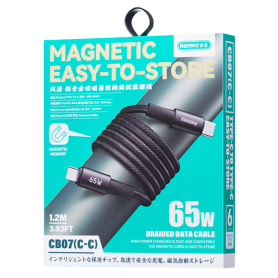 Charging Cable, USB Cord - 65W Braided C-C Lightning cable with magnetic storage REMAX CB07(C-C) - 1.2M - Black, wholesale price