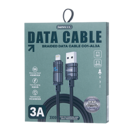 Charging Cable, Connector - USB-A Cable for iPhone - Lightning 15W Zinc Alloy Horizontal REMAX C01-AL3A - 1.2M - Black, wholesal