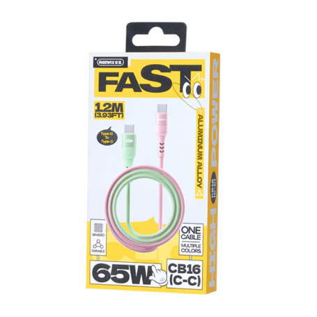 Type-C Cable, Charging Cord - REMAX CB16 (C-C) 65W Glamorous Braided Aluminum Alloy Type-C to Type-C Cable - 1.2m - Pink, wholes