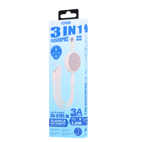 Multi-Connector Cord, Charging Cable - 3-in-1 3A cable - USB-Type C+L+Micro - 15W fast charging REMAX RC-C195(A-C+L+M) - 1.2M - 