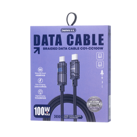 Charging Cable, USB-C Cable - Type-C to Type-C 100W Zinc Alloy Cable (Horizontal) - REMAX C01-CC100W - 1.2M - Black, wholesale p