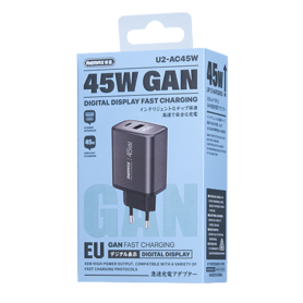 Charger, Power Adapter - REMAX U2-AC45W GaN 45W USB + Type-C Fast Charger - EU - Silver, wholesale price