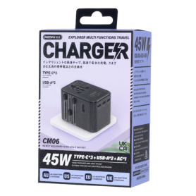 Charging Adapter, Power Hub - Multi-Function GaN Charger (Type-C*3+USB-A*2+AC*1) 45W REMAX Explorer CM06 - EU+UK+US/AU - Black, 