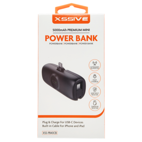 Charger, Battery Pack - Power Bank 5000mAh for USB-C with Cable for iPhone and iPad 20W XSSIVE XSS-PB40CB - Black, wholesale pri