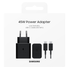 Chargeur USB-C, Adaptateur Samsung - Kit Chargeur Type-C / Type-C Samsung EP-T4511XBEGEU 45W - 5A/1.8M Low Standby - Noir - Reta