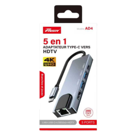 Accessoire Connectique, Hub USB - Adaptateur Multifonction 5-en-1 Type-C vers LAN / HDTV / USB 3.0 / Type-C - FASR AD4, prix de 