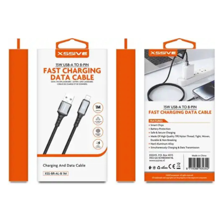 Chargeur, Connecteur - Câble de Charge Tressé USB / Lightning 15W 1M XSSIVE XSS-BR-AL-B 1M - Noir, prix de gros.