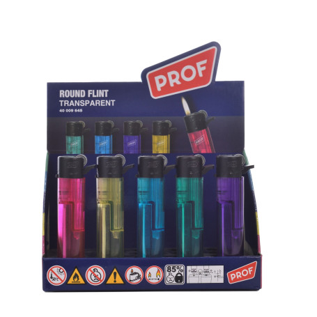 Briquets, Allumettes - 50 Briquet à pierre rond rechargeable transparent PROF 40009645 - 25 Pcs, prix de gros.