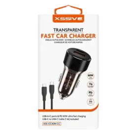 Chargeur Auto, Adaptateur USB - Chargeur Voiture Rapide USB / Type-C avec Câbles Type-C / Type-C - 60W - 1m - XSSIVE XSS-CC40N C
