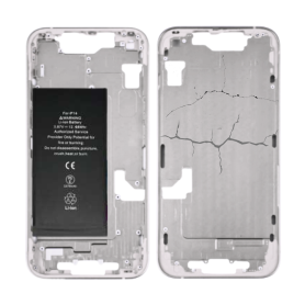 Smartphone Apple, Téléphone - Châssis iPhone 14 Blanc - sans Connecteur de Charge avec Batterie sans Vitre Arrière (Origine Demo
