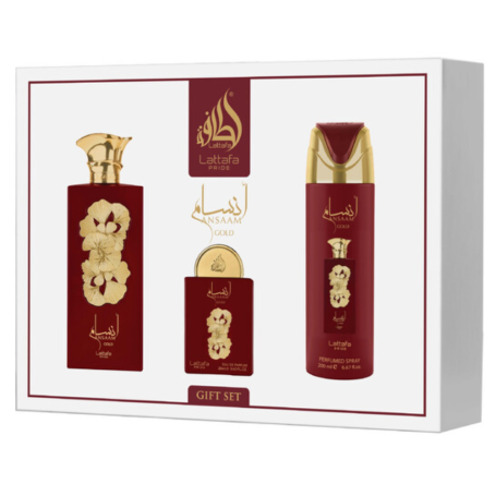 Fragrance, Perfume - Lattafa Pride Ansaam Gold 3-piece gift set: 100ml Eau de Parfum + 20ml Eau de Parfum + 200ml Deodorant, who